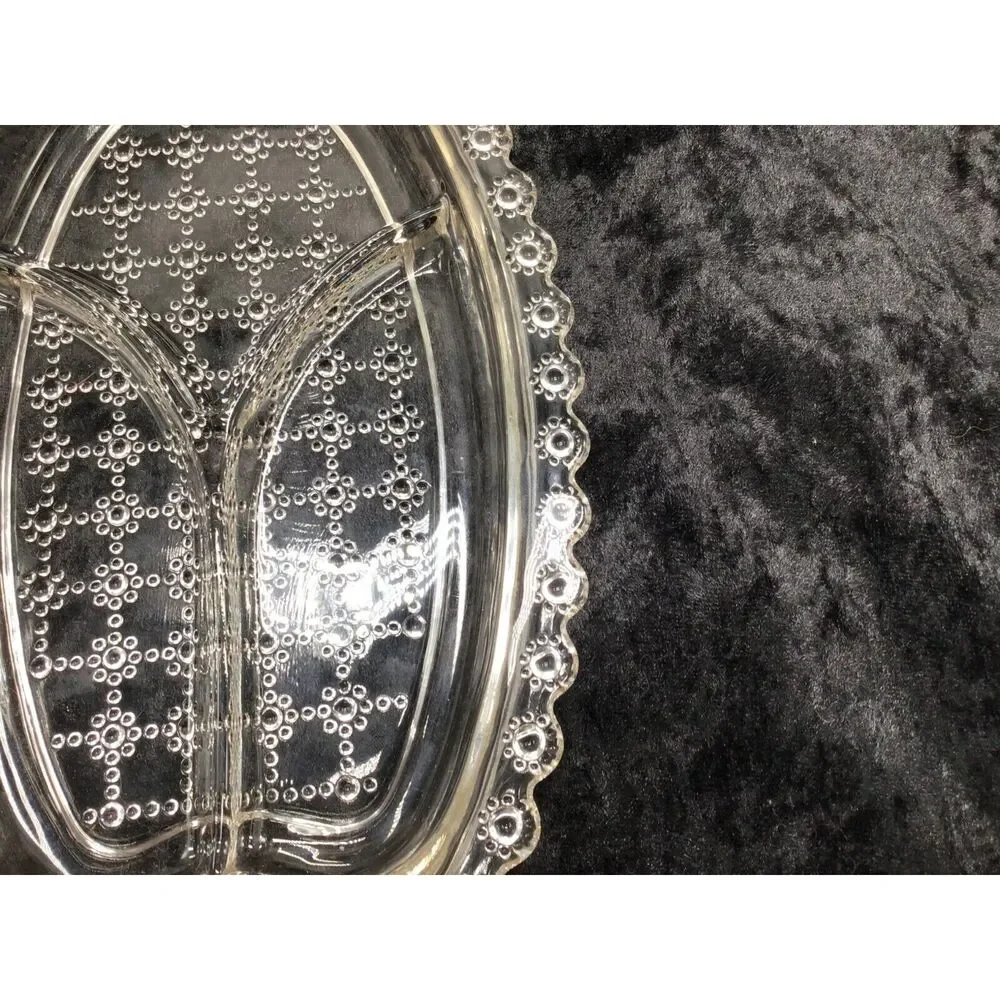 Mid Century Pressed Glass Divided Relish Tray Dish Daisy Chain Beaded Block
